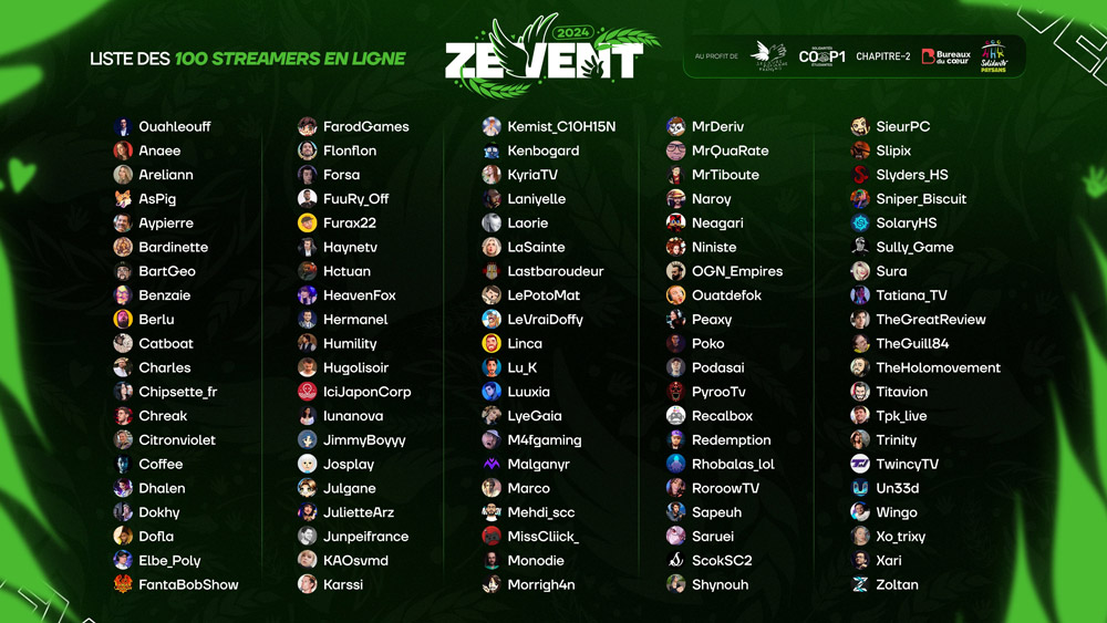 La liste des streamers en ligne du ZEvent 2024